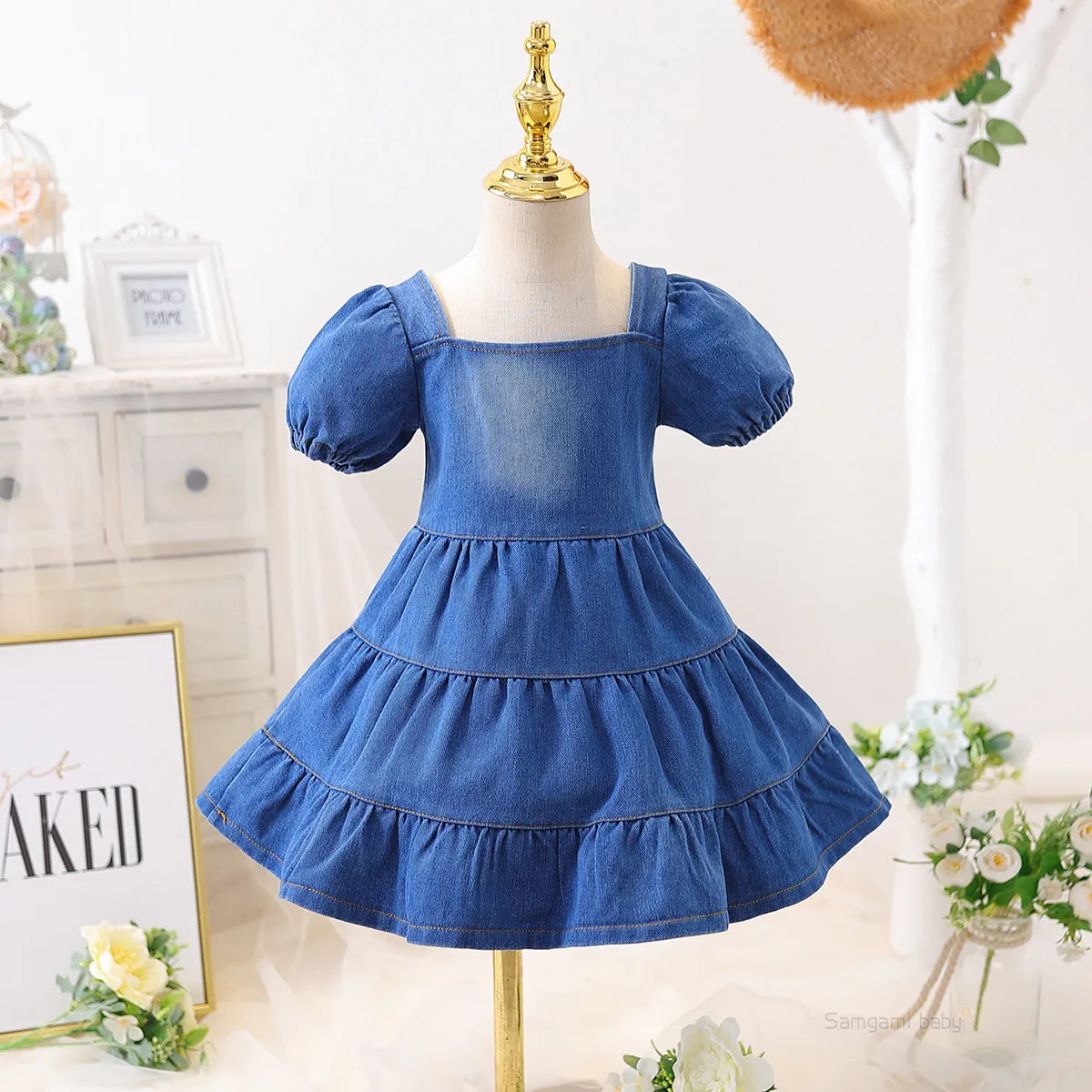 Baby girls denim skirt all-match dress puff sleeve summer children\'s skirt party short dress outfit