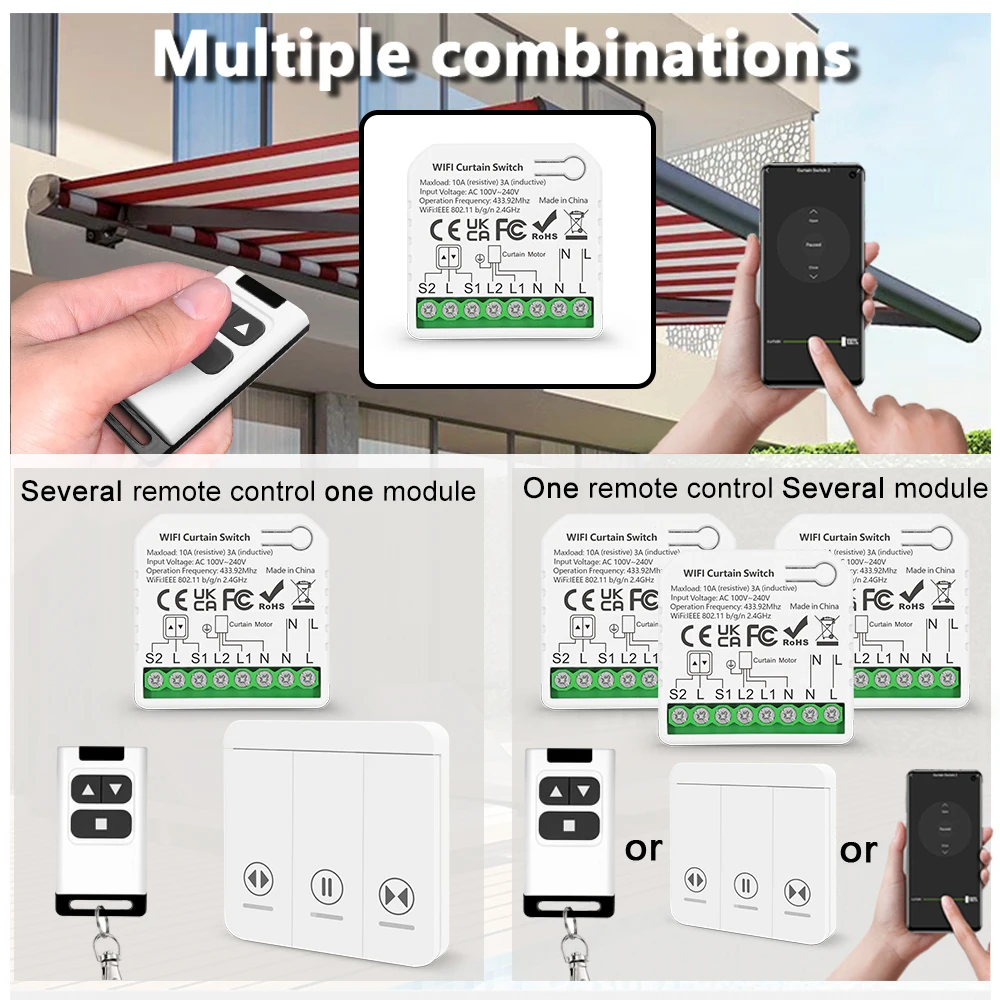 Tuya WiFi Smart Curtain Switch Roller Blinds Shutter Module 433MHz RF Remote Control Works With Alexa Google Home Assistant