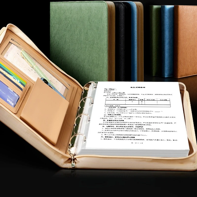A4 Zipper Bag File Folder Multifunctional PU Leather File Bag with Notepad and Inner Film Bags Business Office Loose-leaf Folder