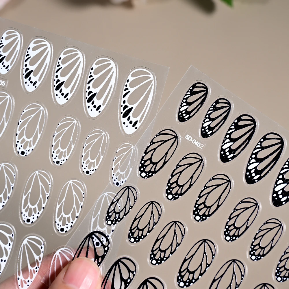 1Pcs Black White Butterfly Wings 5D Nail Sticker Y2K Angel Wings Self-Adhesive Decals Spring Butterfly Floral Manicure Sliders