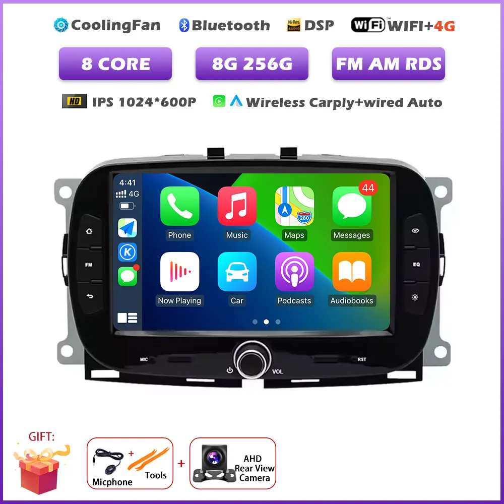 Carplay Android 16 Auto autoradio voor Fiat 500 2016-2019 multimediaspeler met BT stereo, GPS navigatie en FM