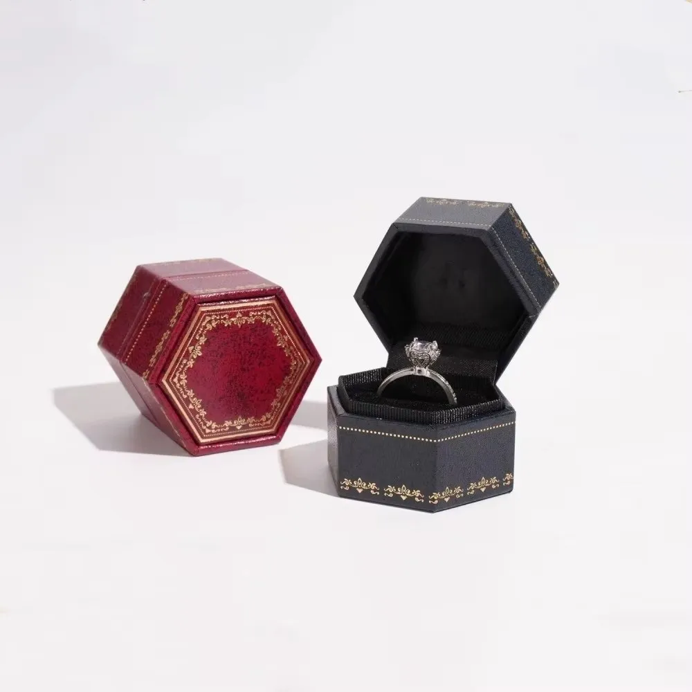 Retro Hexagonal Mini Ring Box Compact Print Pattern Gift Packaging Case Flip Cover Jewelry Organizer Box For Wedding Ceremony