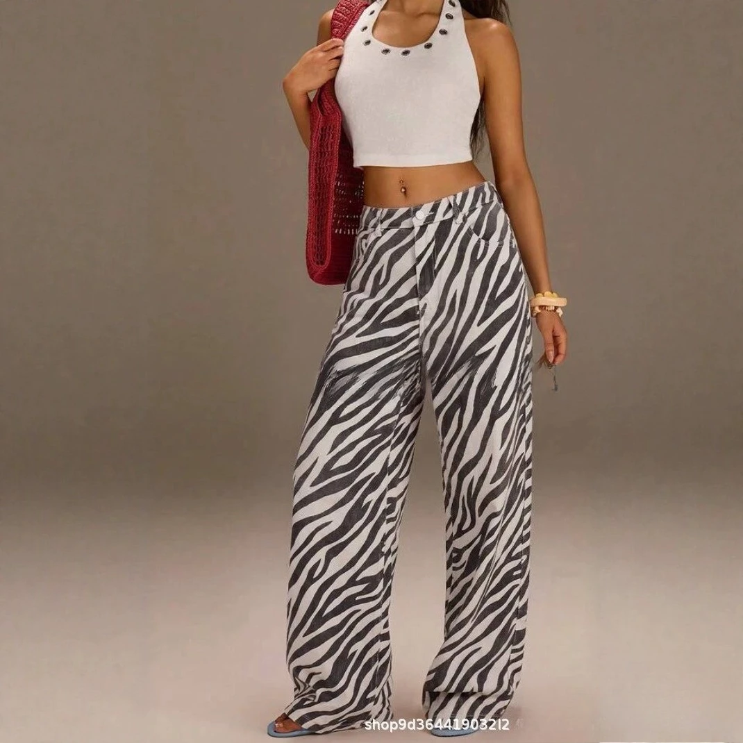 2026 New Fashion Print Pants For Woman Vintage Baggy Wide Pants Streetwear Button Up Jogger Trousers Mid Waist Women's  Pants
