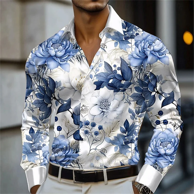 Men's rose flower formal shirt fashion casual wedding holiday evening party summer spring lapel shirt yellow red blue purple