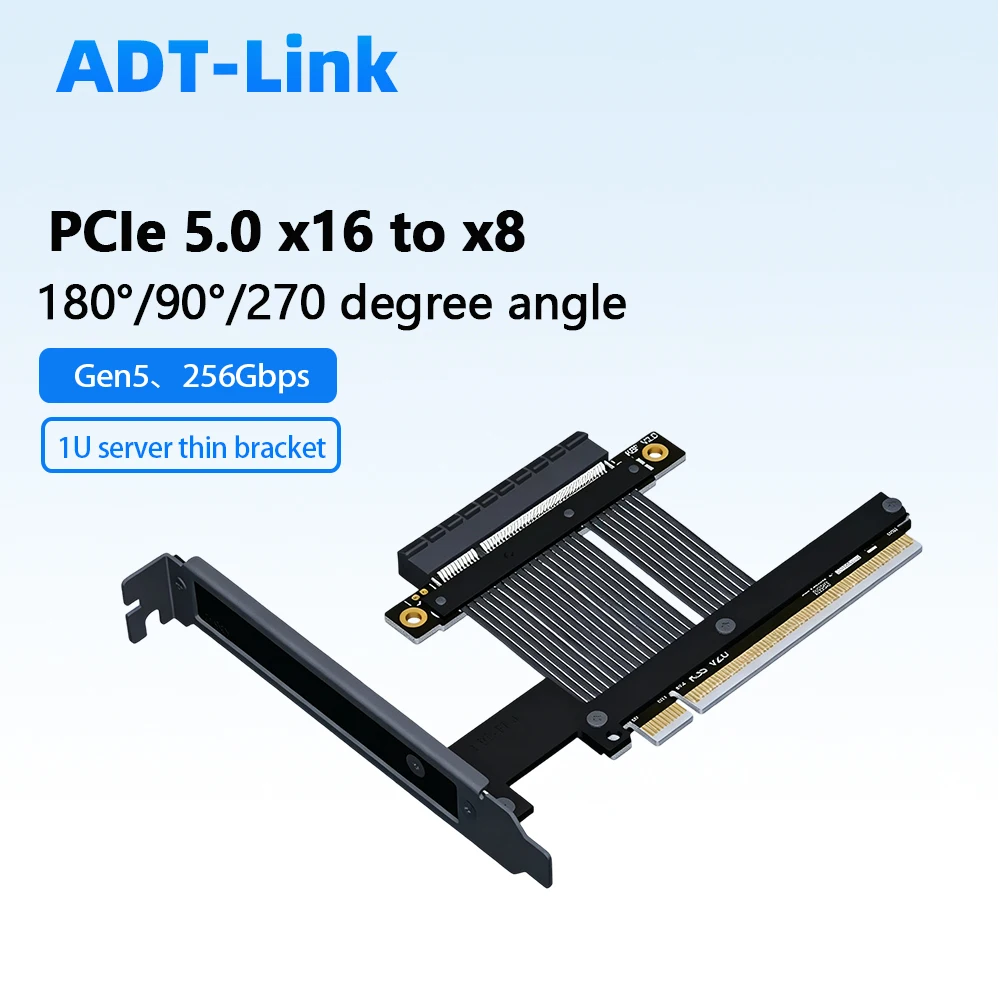 ADT PCIe 5.0 X16 To X8 Riser Cable 256Gbps Soft Ribbon Gen5 Extender 180/90/270° Adjustable GPU Adapter for 1U Server Gaming PC