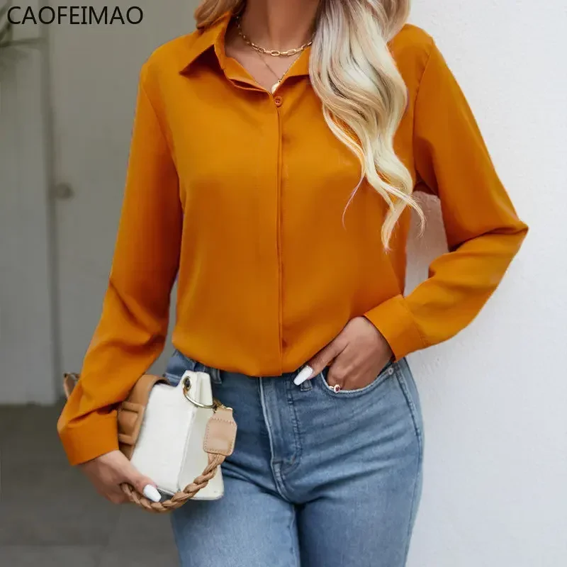 

2023 Large Sizes Blouses Women Chiffon Shirt Spring Autumn Long Sleeve Blouse Yellow White Button Up Work Office Shirts Blusas