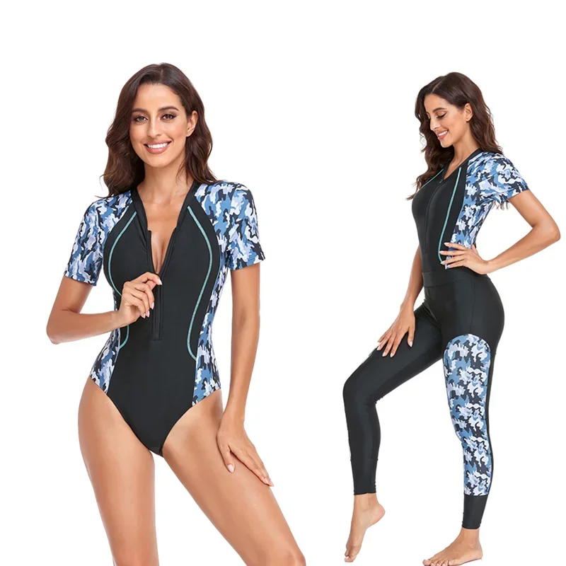 Women's One Piece Swimsuit Short Sleeve Rash Guard Ladies Wetsuit Athletic Swim Surfing Zip Front Separate Swimwear Long Pants