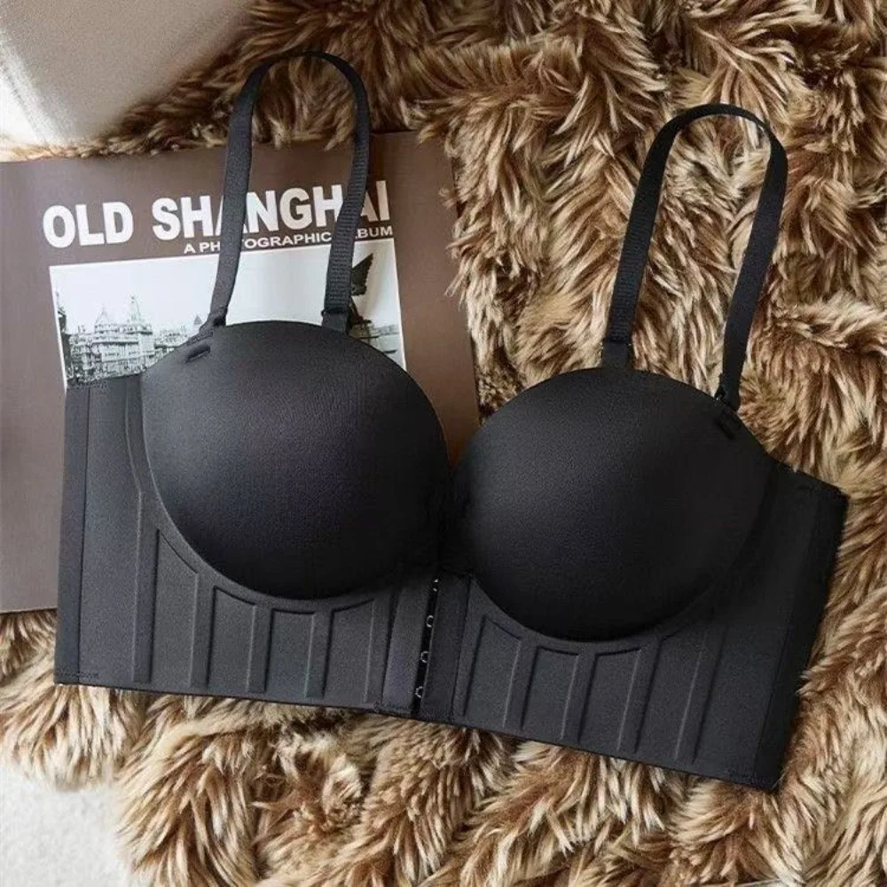 Strapless Bra Beauty U Back Push Up Bra Invisible Underwear Thickened Pad Bra Deep V Anti-Sagging Front Closure Bra Wedding