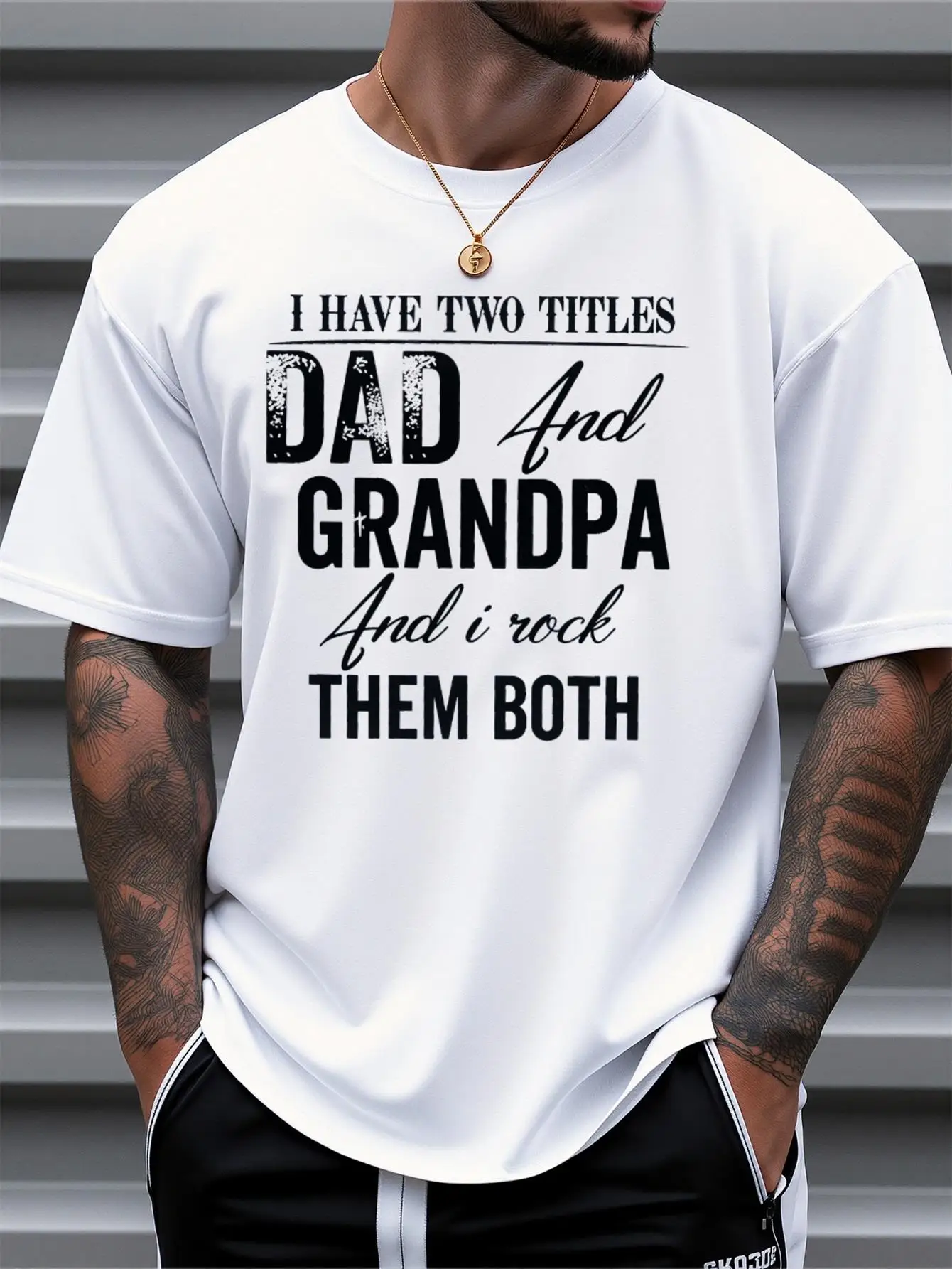 Plus Size Men'S I Have Two Titles: for Dad And Grandpa T-Shirt - Funny Grandpa Gift for Father'S Day, Comfortable Casual Short Sleeve T-Shirt, Printed with Grand'S Names, Suitable for Dad And Grandpa, Can Be Worn All Year Round