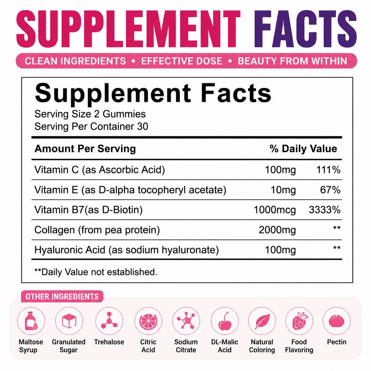Bushaid Collagen Biotin Gummies 2000mg 1000mcg Hyaluronic Acid Hair Skin Nails Vitamin C E Non-GMO Vegan Gluten Free 60 Count