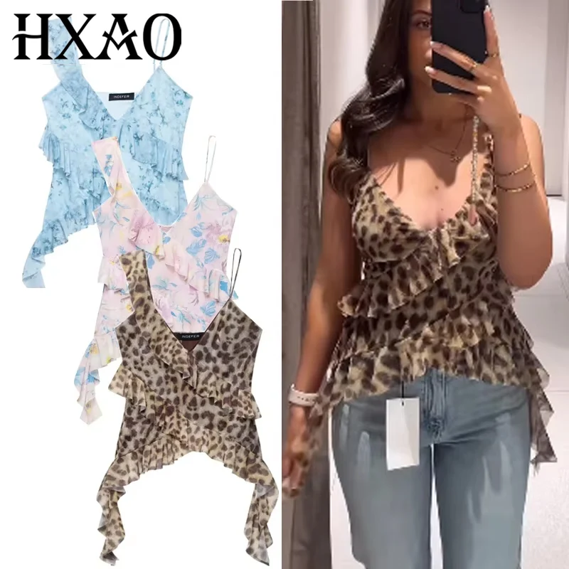 

HXAO Тюлевые топы с принтом для женщин, летний топ с леопардовым принтом и рюшами, женский сетчатый топ с открытой спиной, асимметричный топ без рукавов 088