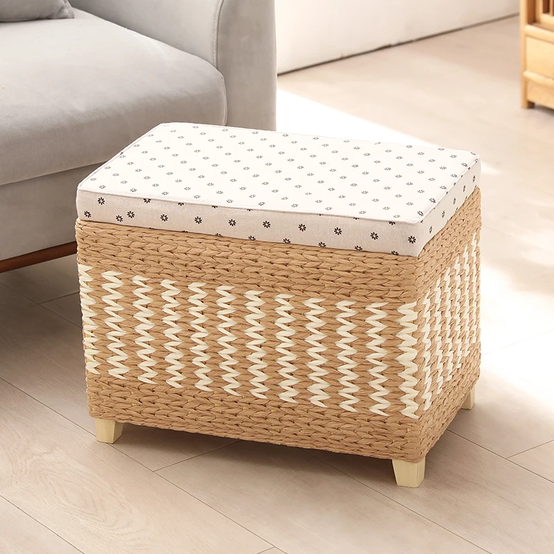 Wooden Rattan Storage Stool Large-Capacity Entryway Organizer Sturdy Shoe Bench Multi-Purpose Sofa Storage Ottoman