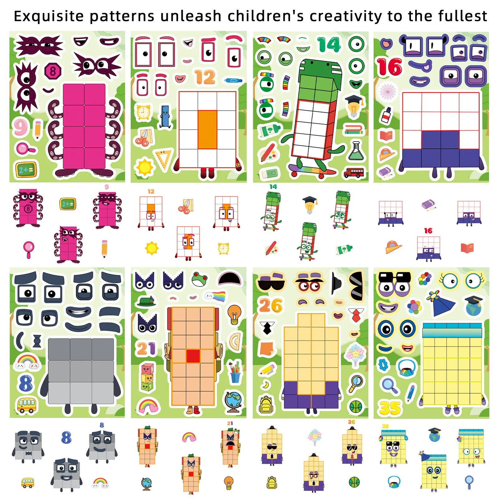 8Sheets Cartoon Number‑Cube Puzzle Stickers Waterproof DIY Decor Decals for Notebook Luggage Fridge Storage Box