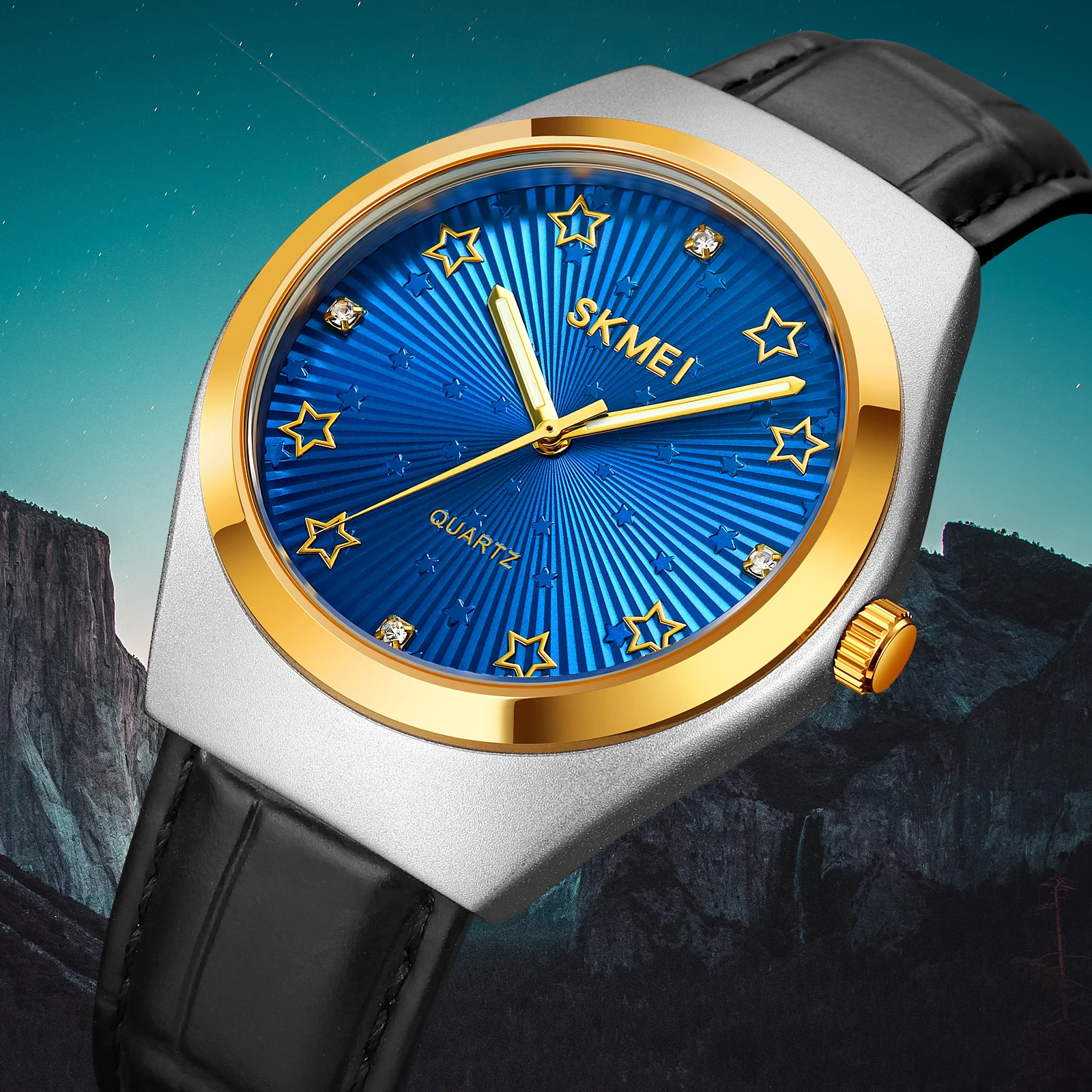 SKMEI 2058 Large Dial Textured Men Watch Fashion Creative Blue Starry Sky Wristwatch Waterproof Scratch Resistant Men's Watches