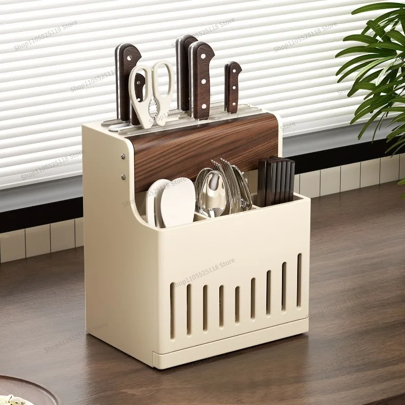 Walnut Milk White Kitchen Knife Holder Chopstick Cage Integrated Knife Storage Box, Shelf Non-punching Countertop Wall-mounted