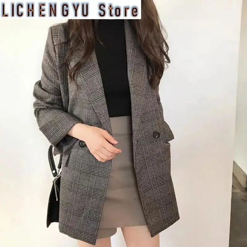 New Fashion Spring Autumn Plaid Women Blazer Jacket Korean Long Sleeve Double-Breasted Office Suit Coats Female Casual Tops