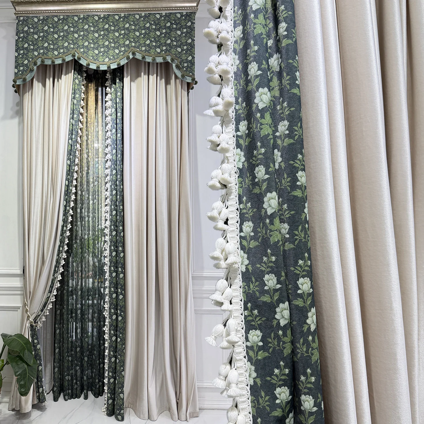 New Rural Retro Green Printing Cotton Linen Splicing Velvet Curtains for Living Room Bedroom French Window Customized Valance