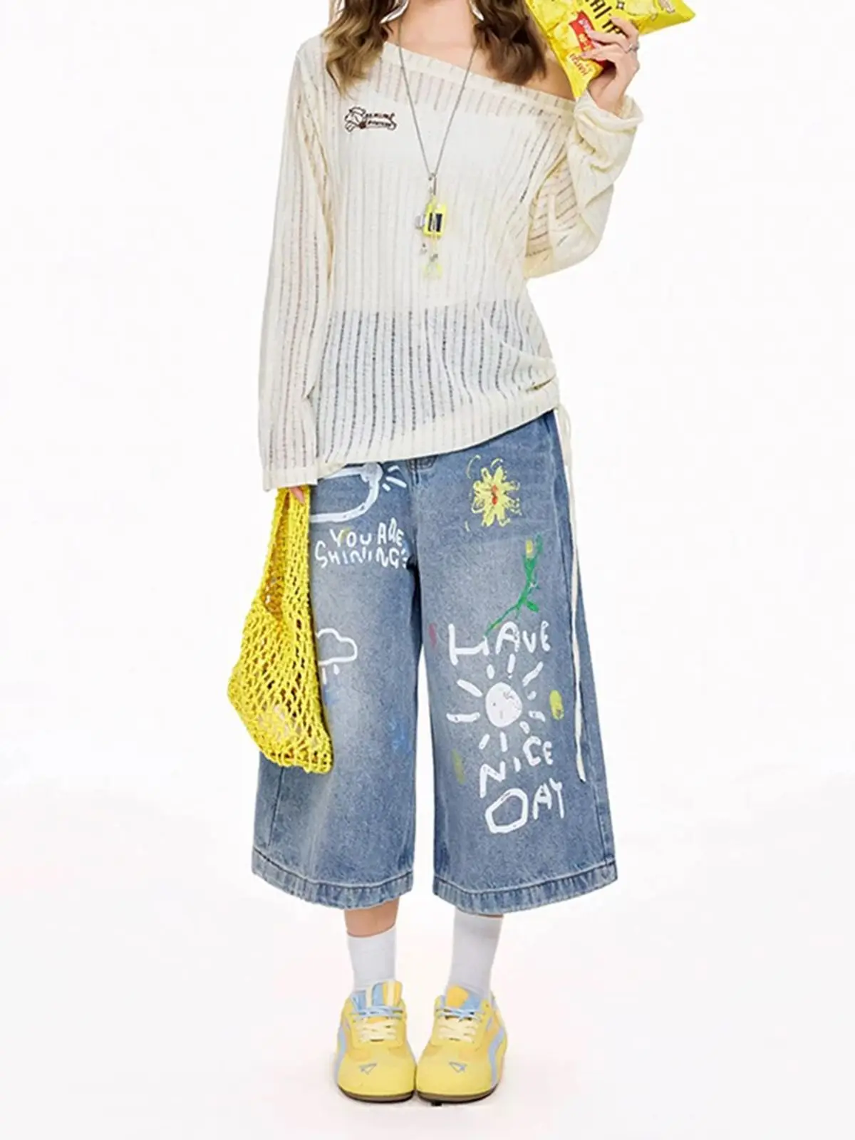 Y2K Cartoon Graffiti Print Denim Cropped Pants High Waist Loose Straight Leg 7 Inch Summer for Women