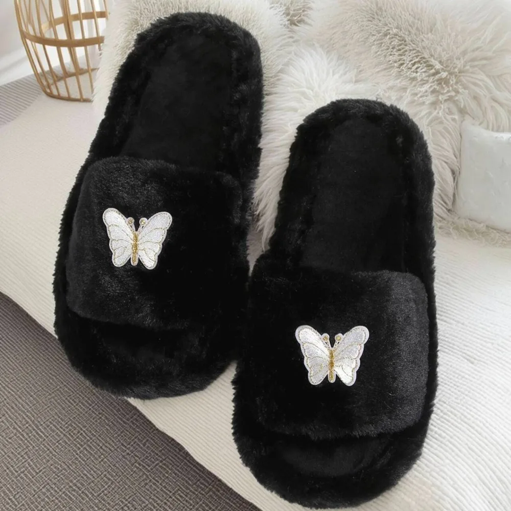 New Women Winter glitter Designer Embroidered Bees Furry Slippers Fashion Lightweight comfortable Warm Short Plush Home Slippers