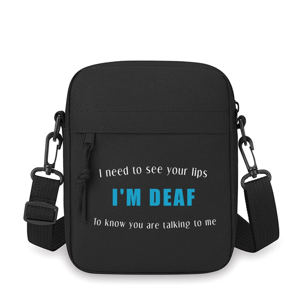 

Text reads,'I'm Deaf' Men Crossbody Bag Single Shoulder Women Cartoon Anime Film Printing Design Unisex