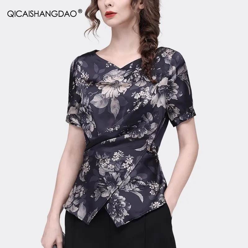 เสื้อผู้หญิงลายดอกไม้สไตล์วินเทจ ผ้าซาติน แขนสั้น คอวี ดีไซน์ไขว้ แฟชั่นลำลอง