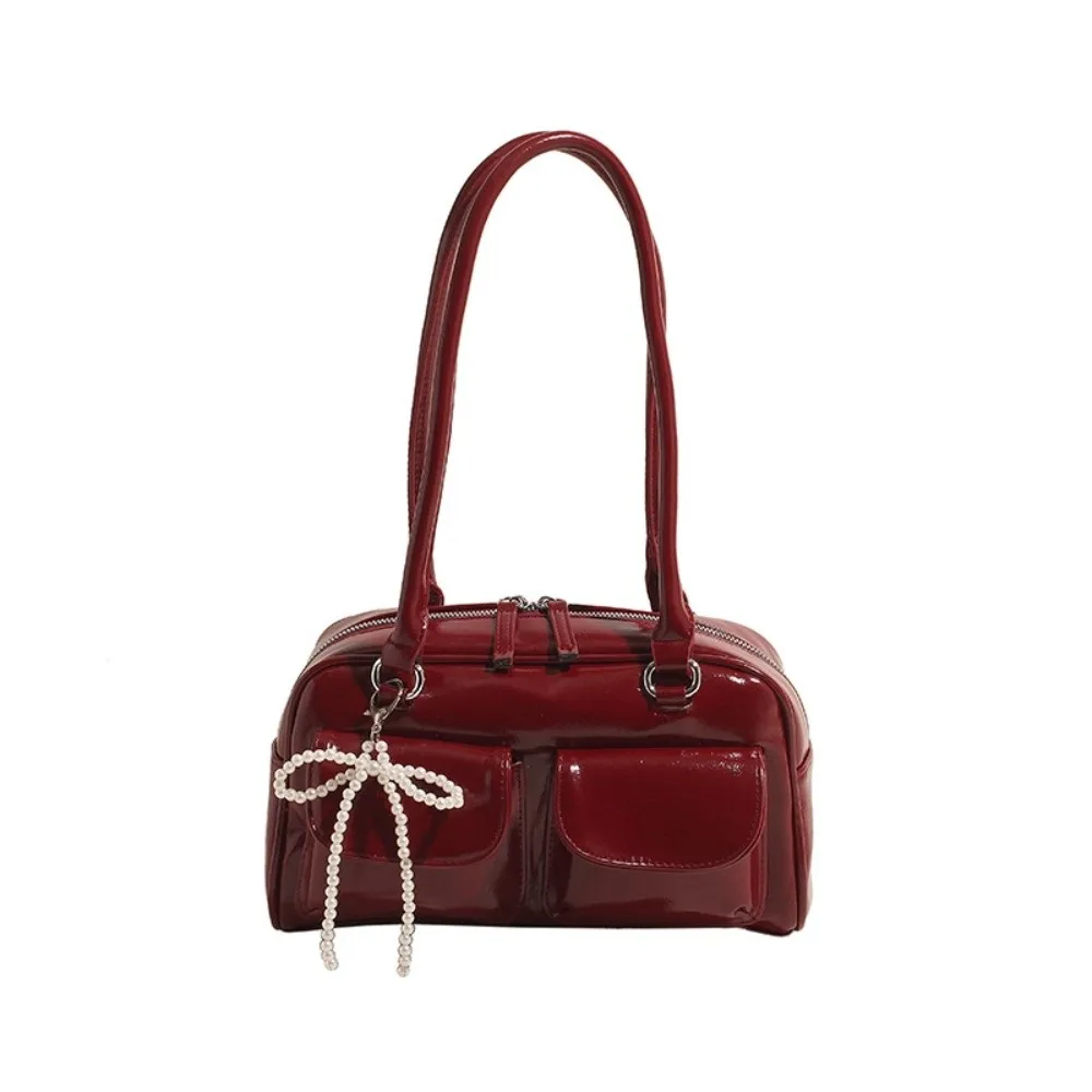 

Retro Korean Style PU Bowling Bag Handbag Minority Design Pocket Boston Tote Bag Solid Color French Style Underarm Bag Women