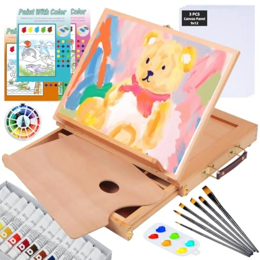 29 Pcs Acrylic Paint Set with Tabletop Easel, Painting Kit with 12 Acrylic Paints Set, Canvas Panels, Brushes, Wooden Palette f