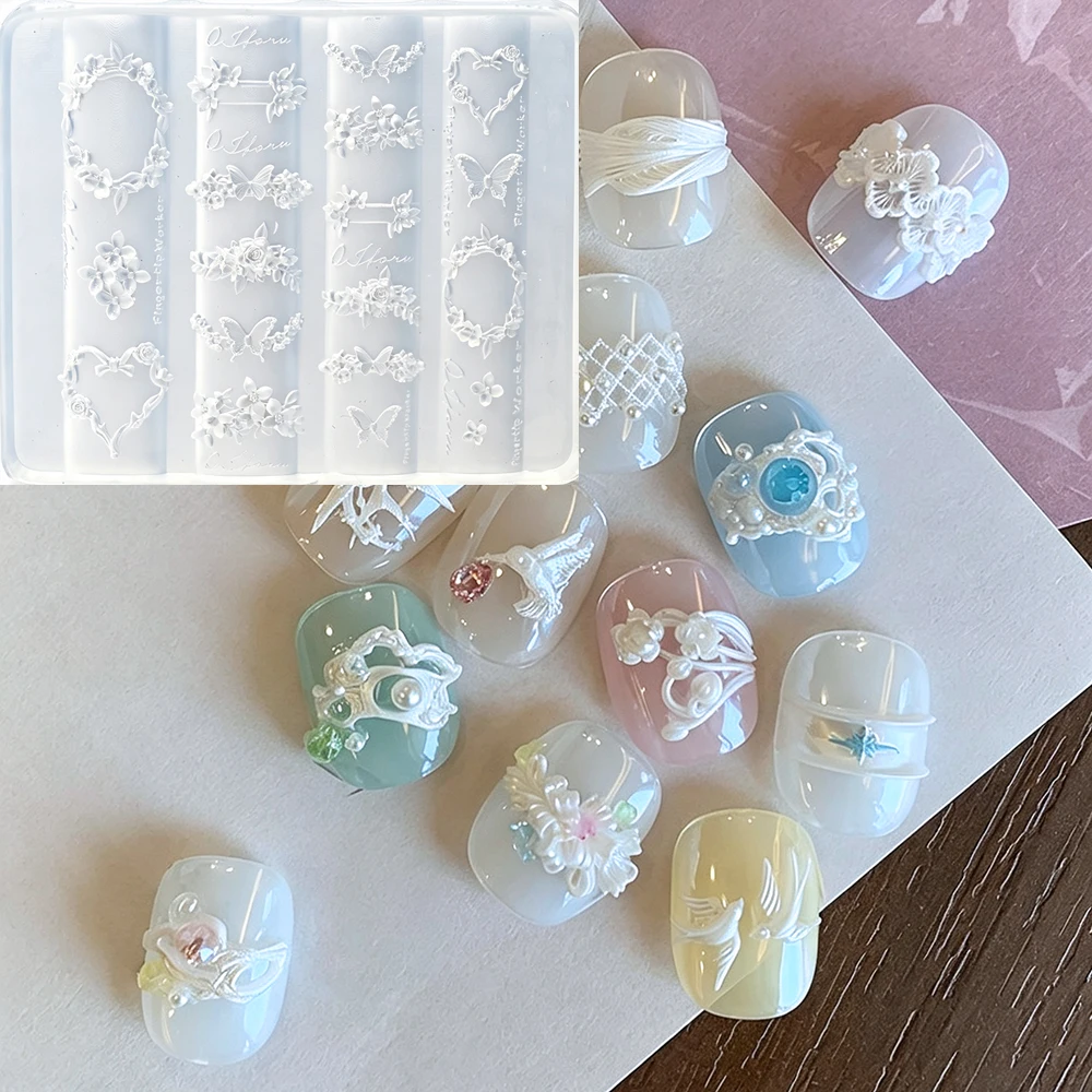 5D Soft-Silicone White Lace&Flower&Heart Wreath Nail Art Mold 5.5x4.5cm Transparent Silicone Lace Floral Butterfly Nail Template
