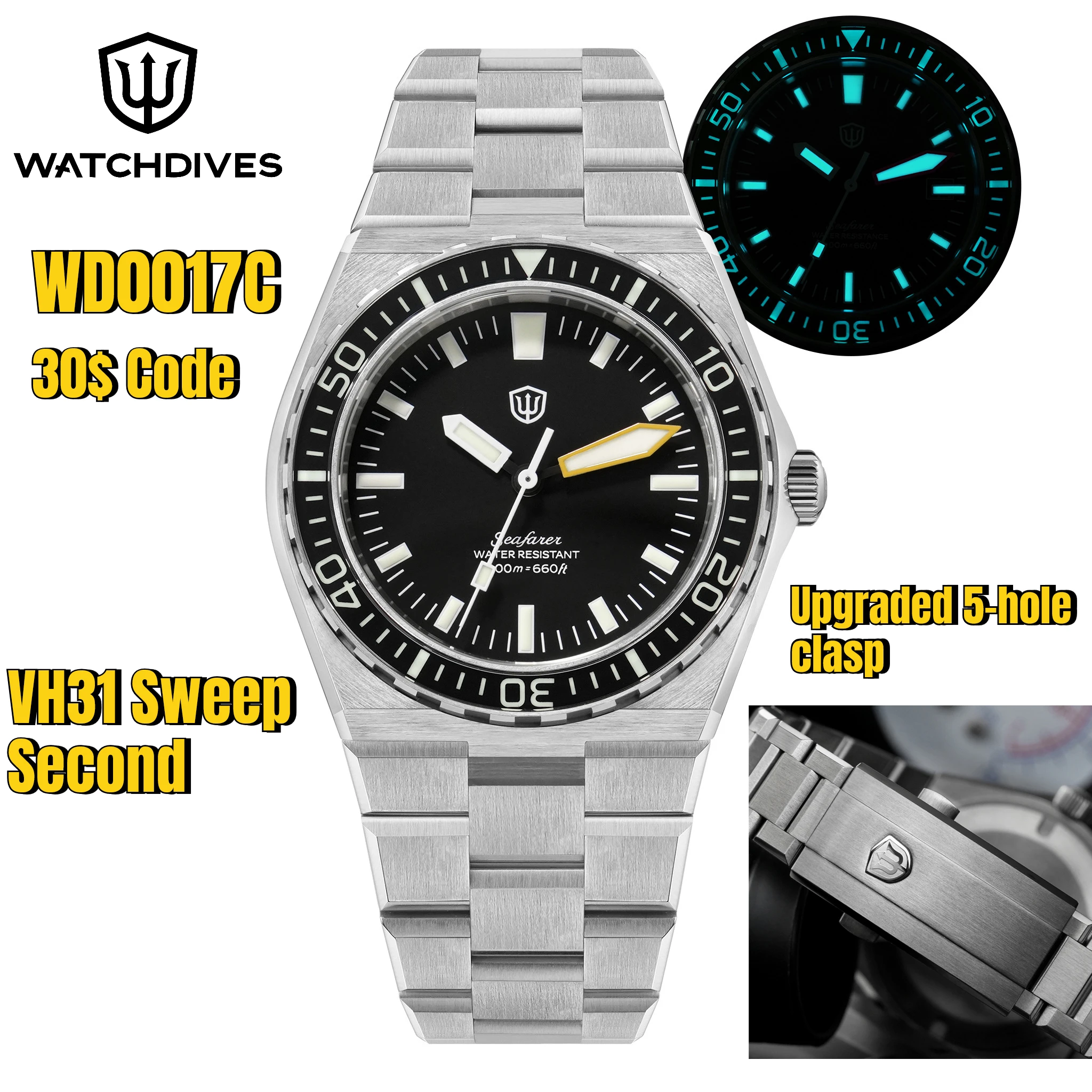 Watchdives WD0017C V2 41MM Quartz Diver Watch Sapphire Bezel VH31 Ronda 515 316L Steel Case Super Luminova BGW9 C3 Dive Watch