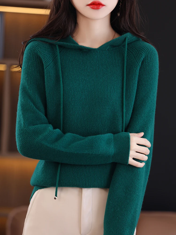 New Autumn And Winter Women\'s Hooded Sweater Solid Color Pullover Sweater Korean Version 100 Pure Wool Knitted Bottoming JQ57