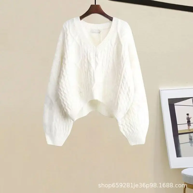 Spring and Autumn New Korean Version Simple and Versatile V-neck Sweater Slimming Dress Two-piece Set