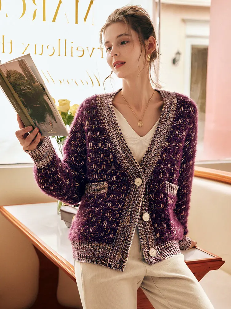 OLrain Women‘s Purple Knit Cardigan French 2025 Winter Oversized V-Neck Sweater Elegant Spliced Knitted Lady Jumpers O22DM66361