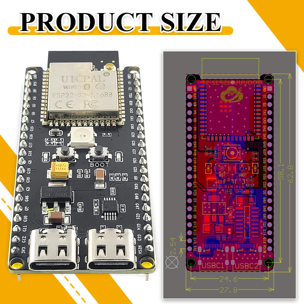 ESP32-S3-DevKitC-1 Development Board Kit with 2.8 Inch TFT LCD BT 2.4G Wifi Module N16R8 42Pin CH340C TypeC 8MB PSRAM 16MB FLASH