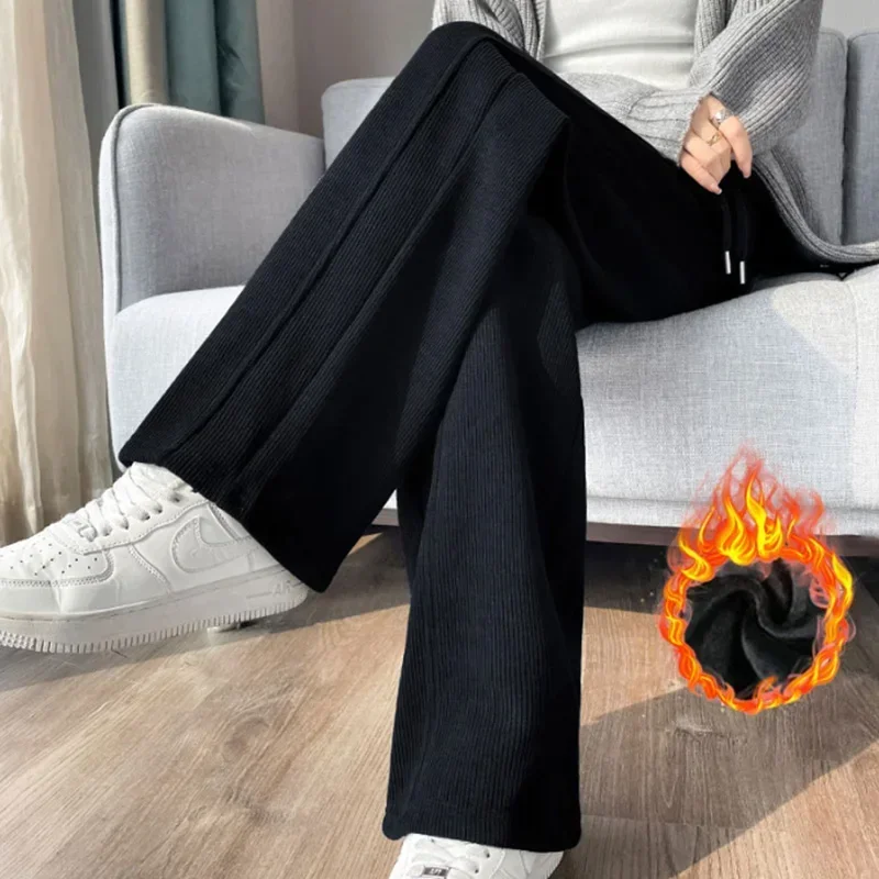 2024 Women Winter Retro Style Comfortable High Waisted Long Pants Lady Chic Leisure Wide Leg Straight Leg Plush Thermal Trousers