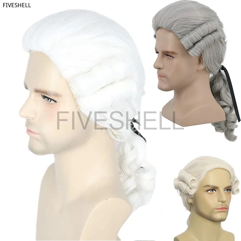 Lawyer Judge Baroque Cosplay Curly Wig Grey White Black Men Costume Wigs Deluxe Historical Long Synthetic Wig For Halloween