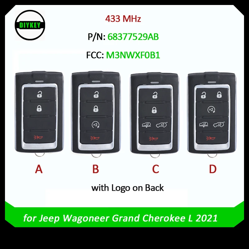 

Флэш-ключ для Jeep Wagoneer Grand Cherokee L 2021 433 МГц, запасной пульт дистанционного управления PN 68377529AB M3NWXF0B1