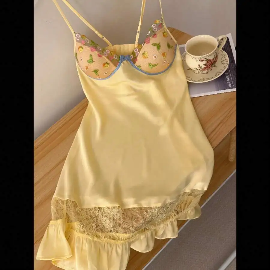 

Women Floral Embroidered Mesh Cami Slip Nightgown Lace Trim Ruffle Hem Satin Sleepwear