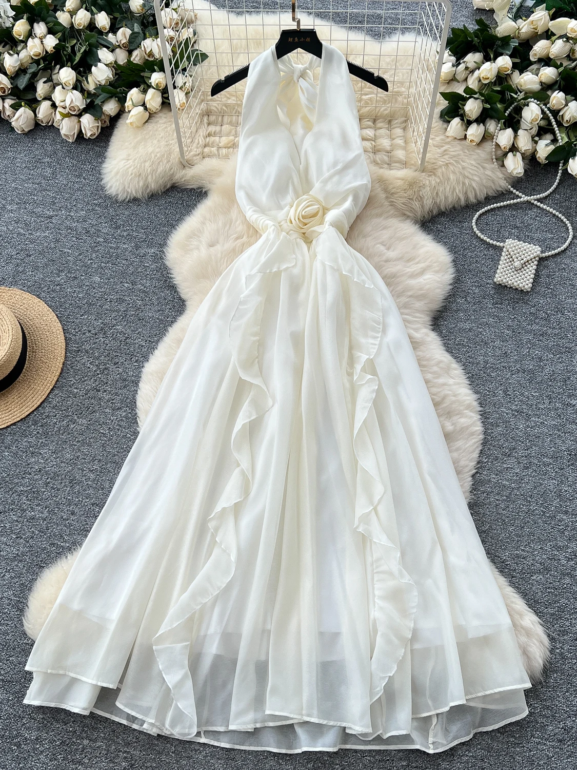 

Beach Slip Dress Flower Ruffle Halter Fairy Party Dresses Women Summer Sleevelss Backless Long Robe Femmes Fashion Holiday Dress