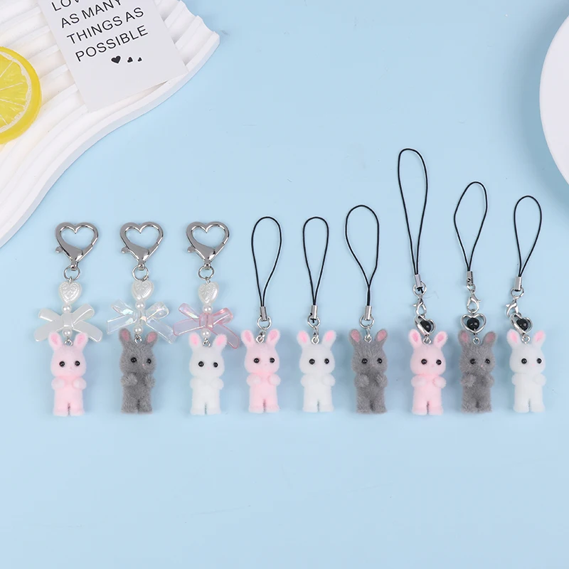 Cartoon Flocking Rabbit Keychain Phone Chain Plush Bunny Phone Lanyard Keyring Car Key Holder Bag Pendant Earphone Camera Chain