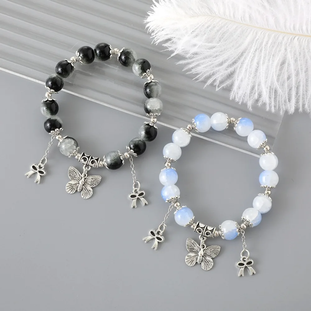 Fashion Metal Butterfly Butterfly Bracelet Chinese Style Bowkont Glass Bead Bracelet Handstring Cool Y2k Hand Chain Schoolgirl