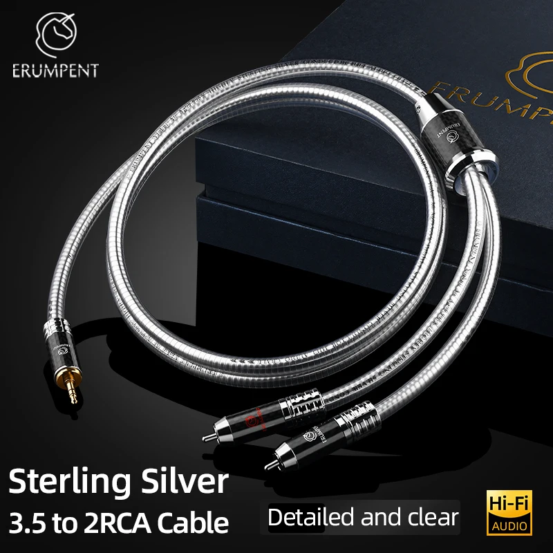 ERUMPENT Sterling Silver 3.5 Jack to 2RCA Male HiFi Audio Cable Hi-end 3.5mm to 2RCA Stereo Splitter Cord for Amplifier Speaker