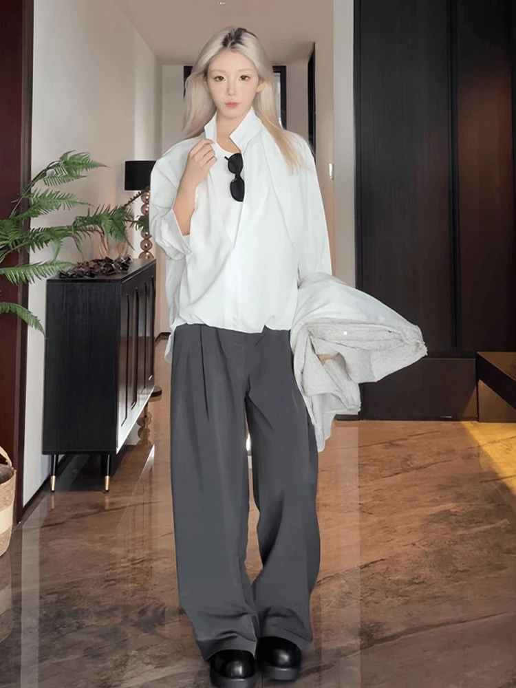 

Свободная мужская верхняя одежда V-Ne Long Sve irt, повседневная осенняя модная верхняя одежда для пар, свободная одежда из двух предметов Aosphere Sense