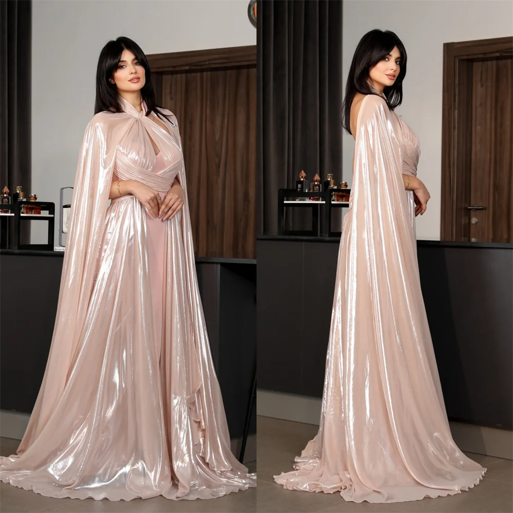 

Formal Gown Evening Saudi Arabia Dearin Halter A-line Floor Length Skirts Draped Fold Layered Bespoke Occasion Dresses Prom Dres