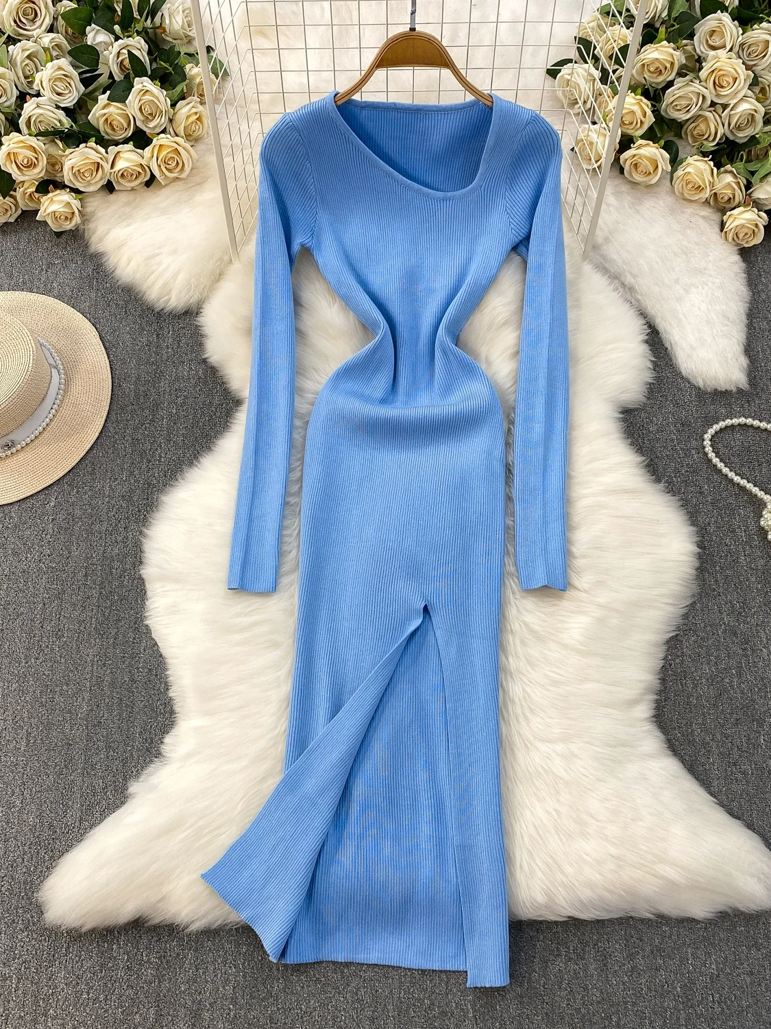 Ele Knitted Dr Damska Jesienno-Zimowa Spódnica z Wysokim Stanem, Rozcięciem na Boku, Długa, Koreańska, Elegancka, Asymetryczny Kołnierz