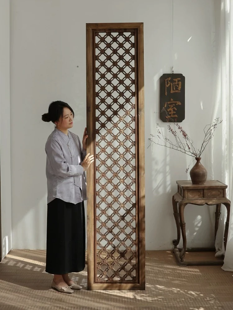 Chinese blossom window antique screen partition solid wood hollow lattice wood carving decorative background customization