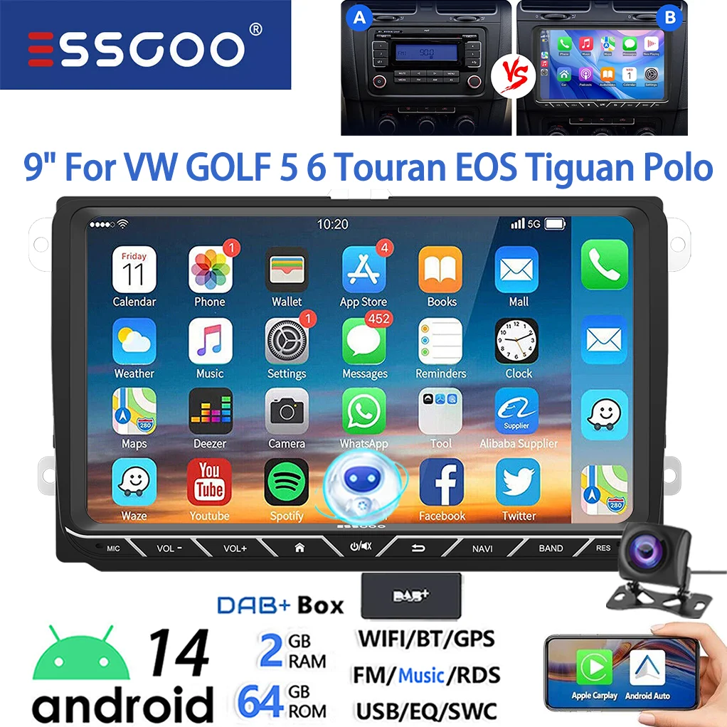 ESSGOO Android 14 Autoradio 9" 4+64GB CarPlay voor VW Golf 5 6 Passat B6 B7 Polo 6R Touran Tiguan Caddy EOS Jetta T5 Seat Skoda GPS Navigatie WIFI FM Bluetooth RDS Touchscreen Mirror Link