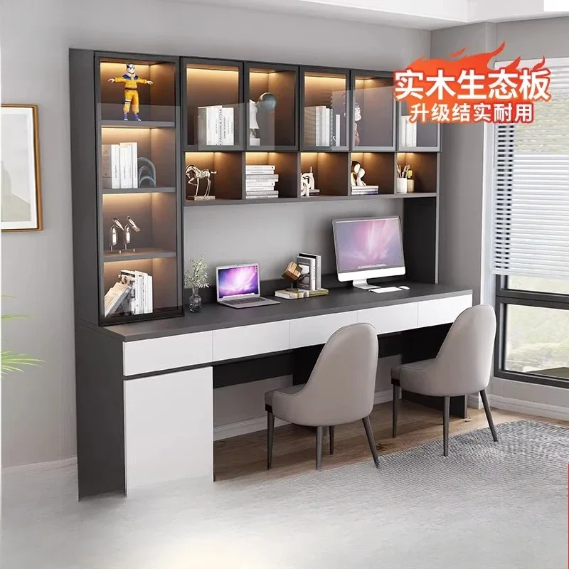 

Solid wood double desk bookshelf integrated computer desk household writing table student study