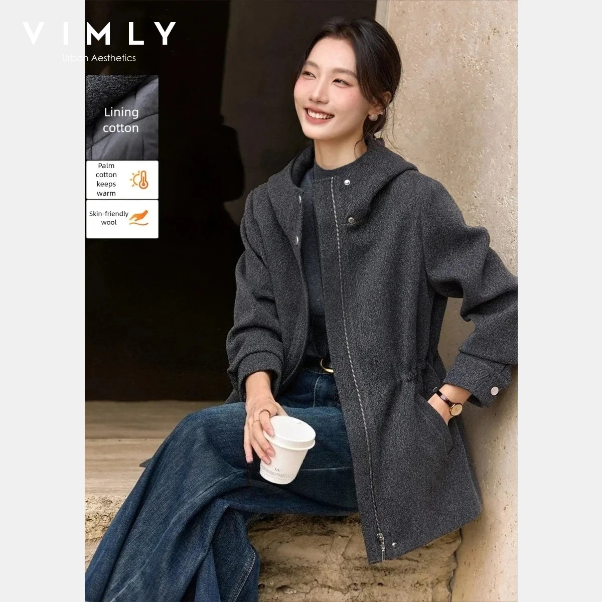 

VIMLY Fashion Winter Coats for Woman 2025 Winter Grey Hooded Zipper Mid Length Quilted Outerwear Casual Women Clothing A3560