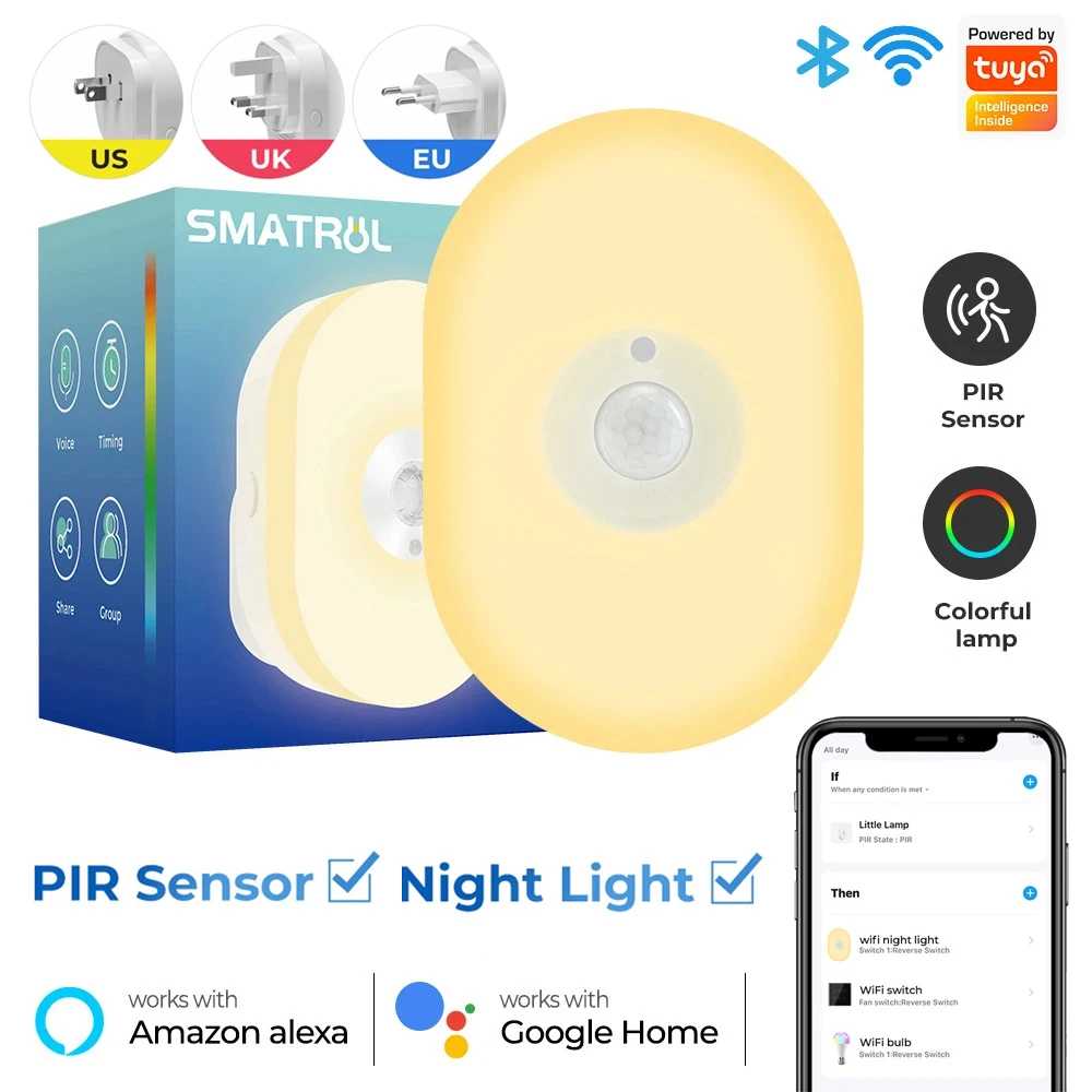 

Tuya Smart LED Night Light WIFI Wireless Infrared Sensor Wall Lamp RGB Room App Voice Timer Beside Lamps for Alexa Google Home