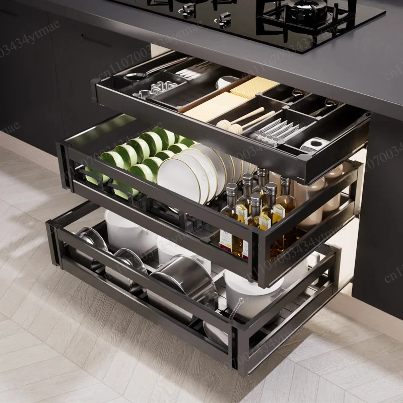 Aluminum Alloy 3-Tier Pull Out Dish Basket Drawer Type Built-in Bowl Storage Rack Kitchen Cabinet Organizer